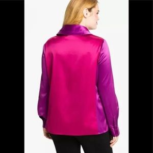 NEW T TAHARI Holiday Colorblock Satin Blouse Snap Closure Medium